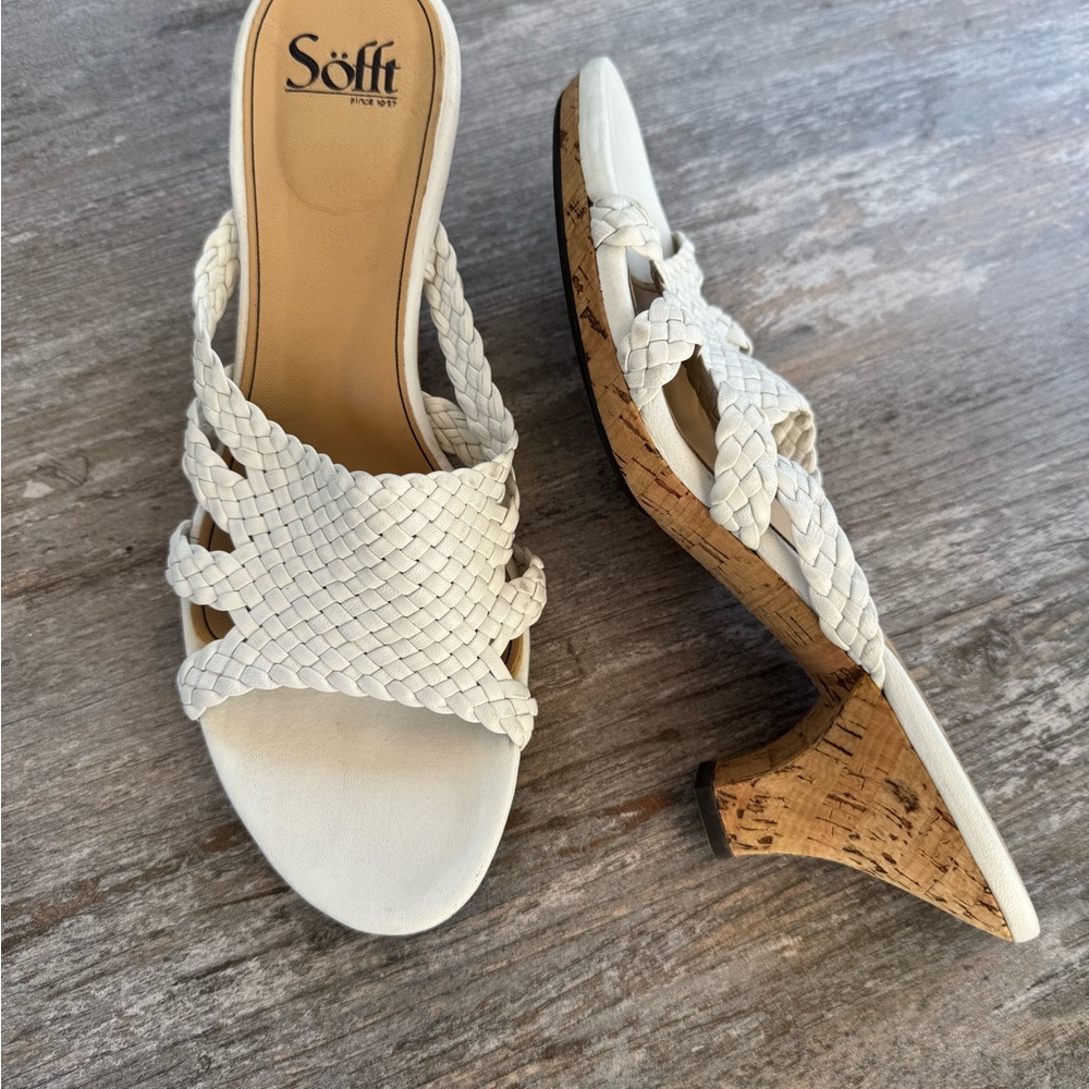 Sofft White Woven Cork Wedge Sandals